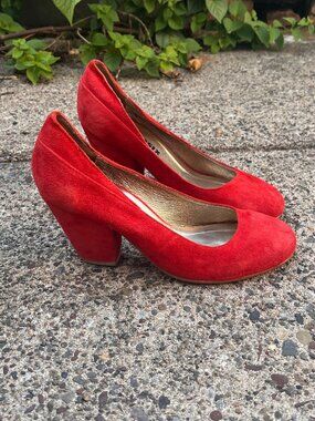 TenOverSix Red Suede Kat Stacked Heel Pumps
